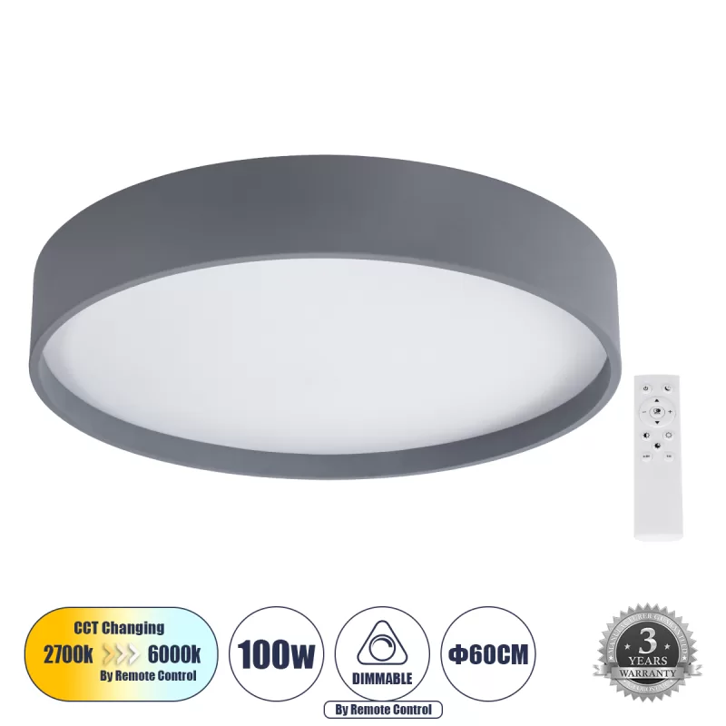 NARNIA 61260 Πλαφονιέρα Οροφής LED CCT 100W 11500lm 120° AC 220-240V - Εναλλαγή Φωτισμού μέσω Τηλεχειριστηρίου All In One Ψυχρό 6000k+Φυσικό 4500k+Θερμό 2700k Dimmable Φ60 x Υ10cm - Γκρι Ανθρακί