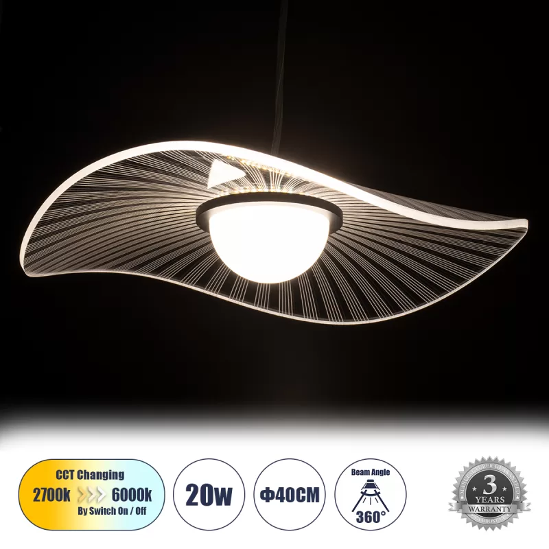 ACRYLICA 60974 Κρεμαστό Φωτιστικό Οροφής Design LED CCT 20W 2240lm 360° AC 220-240V - Εναλλαγή Φωτισμού μέσω Διακόπτη On/Off All In One Ψυχρό 6000k+Φυσικό 4500k+Θερμό 2700k Φ40cm - Μαύρο με Διάφανο Laser Designed Plexiglass