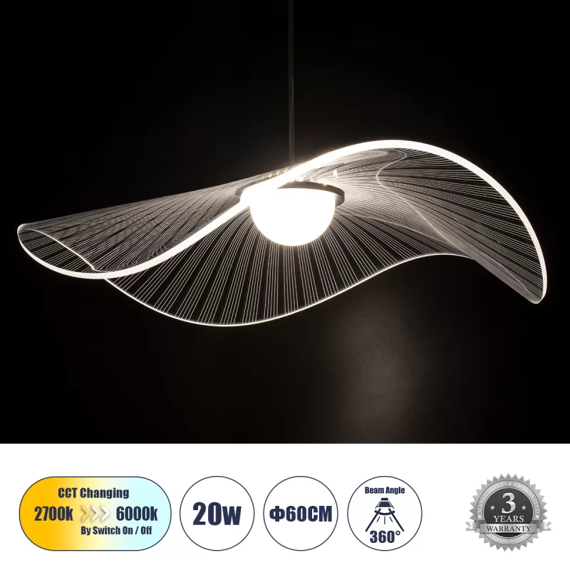 ACRYLICA 60975 Κρεμαστό Φωτιστικό Οροφής Design LED CCT 20W 2240lm 360° AC 220-240V - Εναλλαγή Φωτισμού μέσω Διακόπτη On/Off All In One Ψυχρό 6000k+Φυσικό 4500k+Θερμό 2700k Φ60cm - Μαύρο με Διάφανο Laser Designed Plexiglass