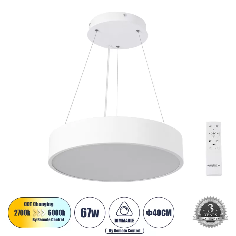 BURTON 61201-P Κρεμαστή Πλαφονιέρα Οροφής LED CCT 67W 7370lm 120° AC 220-240V - Εναλλαγή Φωτισμού μέσω Τηλεχειριστηρίου All In One Ψυχρό 6000k+Φυσικό 4500k+Θερμό 2700k Dimmable Φ40cm - Λευκό