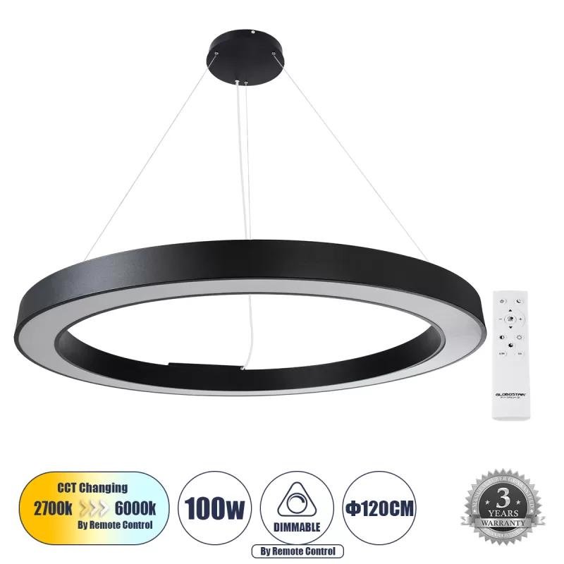 RA 61198 Κρεμαστό Φωτιστικό Δαχτυλίδι-Κύκλος LED CCT 100W 11020lm 120° AC 220-240V - Εναλλαγή Φωτισμού μέσω Τηλεχειριστηρίου All In One Ψυχρό 6000k+Φυσικό 4500k+Θερμό 2700k Dimmable Φ120cm - Μαύρο