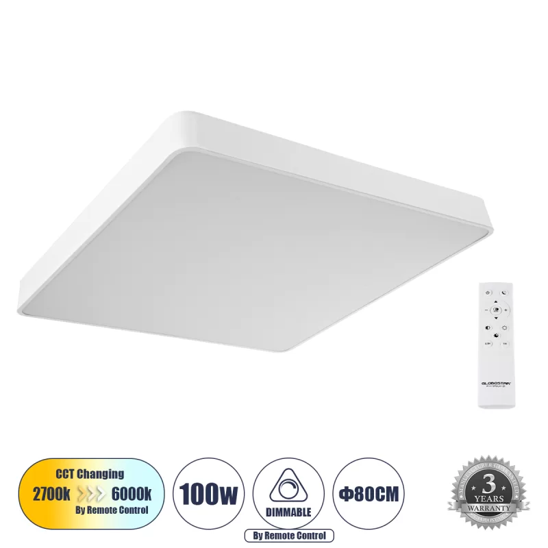 KAMALA 61211-S Πλαφονιέρα Οροφής LED CCT 100W 11020lm 120° AC 220-240V - Εναλλαγή Φωτισμού μέσω Τηλεχειριστηρίου All In One Ψυχρό 6000k+Φυσικό 4500k+Θερμό 2700k Dimmable Μ80 x Π80 x Υ8cm - Λευκό