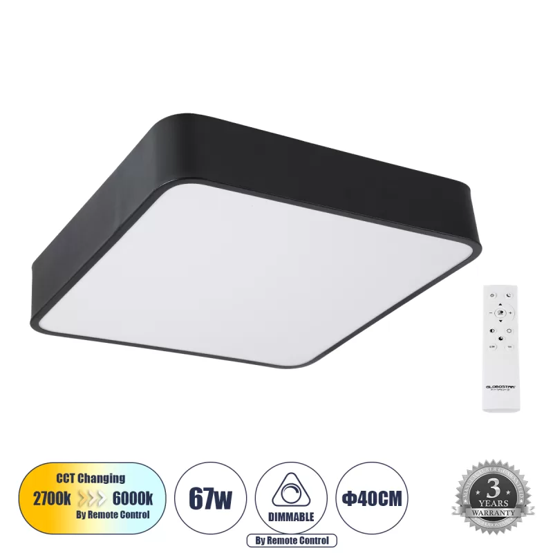 KAMALA 61206-S Πλαφονιέρα Οροφής LED CCT 67W 7370lm 120° AC 220-240V - Εναλλαγή Φωτισμού μέσω Τηλεχειριστηρίου All In One Ψυχρό 6000k+Φυσικό 4500k+Θερμό 2700k Dimmable Μ40 x Π40 x Υ8cm- Μαύρο