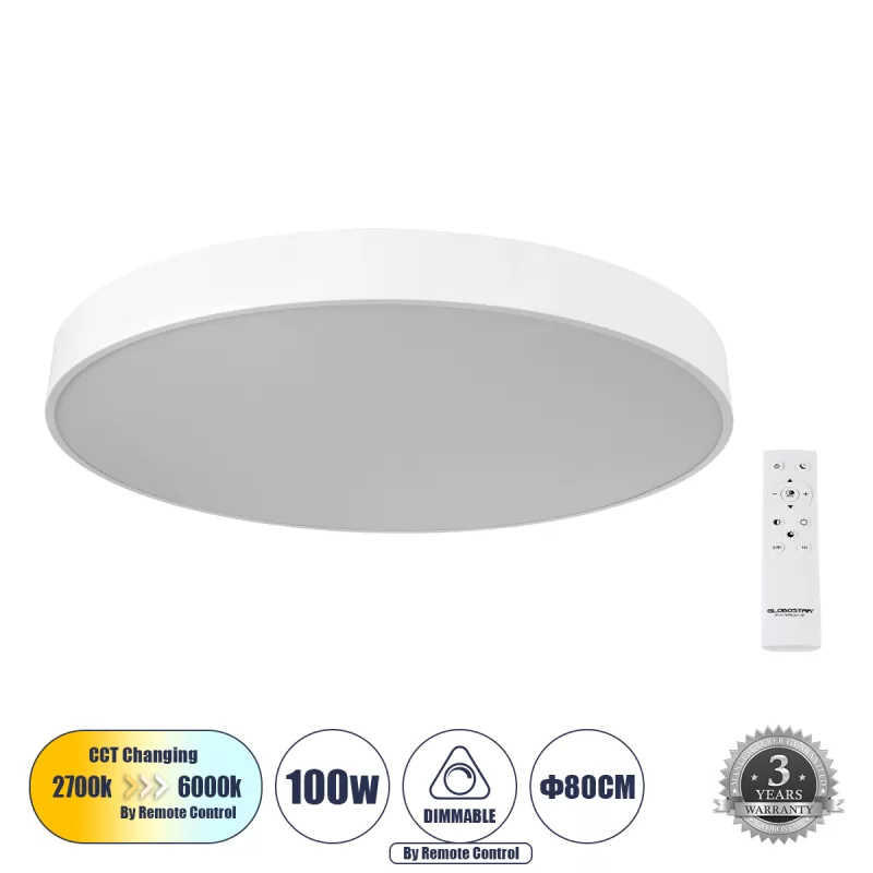 BURTON 61205-S Πλαφονιέρα Οροφής LED CCT 100W 11020lm 120° AC 220-240V - Εναλλαγή Φωτισμού μέσω Τηλεχειριστηρίου All In One Ψυχρό 6000k+Φυσικό 4500k+Θερμό 2700k Dimmable Φ80cm - Λευκό