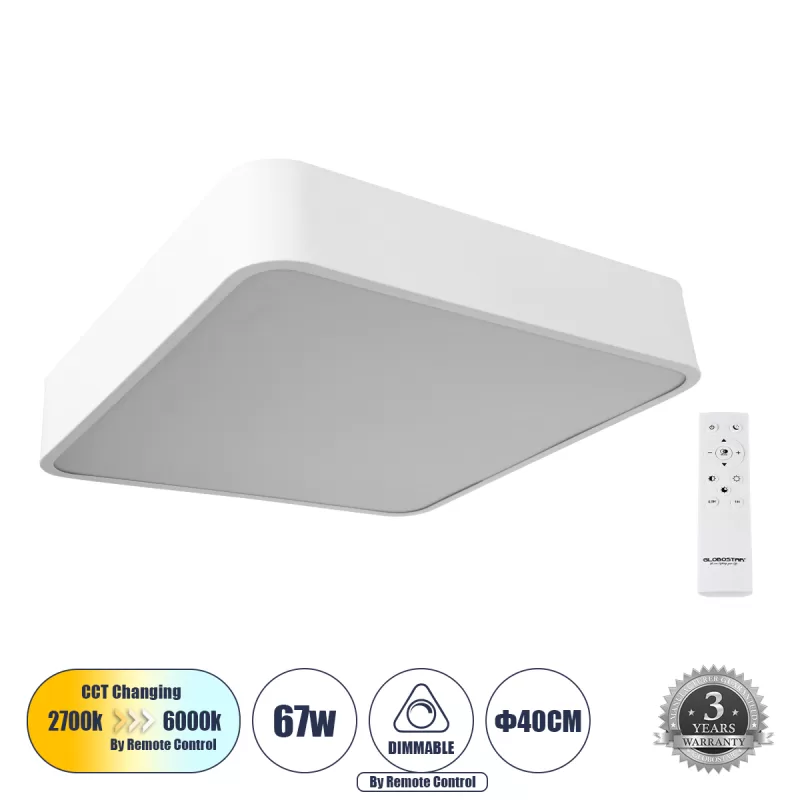 KAMALA 61207-S Πλαφονιέρα Οροφής LED CCT 67W 7370lm 120° AC 220-240V - Εναλλαγή Φωτισμού μέσω Τηλεχειριστηρίου All In One Ψυχρό 6000k+Φυσικό 4500k+Θερμό 2700k Dimmable Μ40 x Π40 x Υ8cm - Λευκό