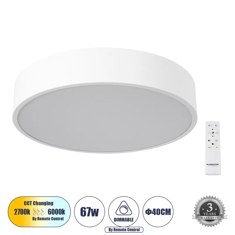 BURTON 61201-S Πλαφονιέρα Οροφής LED CCT 67W 7370lm 120° AC 220-240V - Εναλλαγή Φωτισμού μέσω Τηλεχειριστηρίου All In One Ψυχρό 6000k+Φυσικό 4500k+Θερμό 2700k Dimmable Φ40cm - Λευκό