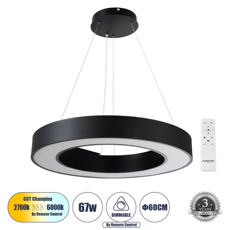 RA 61194 Κρεμαστό Φωτιστικό Δαχτυλίδι-Κύκλος LED CCT 67W 7370lm 120° AC 220-240V - Εναλλαγή Φωτισμού μέσω Τηλεχειριστηρίου All In One Ψυχρό 6000k+Φυσικό 4500k+Θερμό 2700k Dimmable Φ60cm - Μαύρο