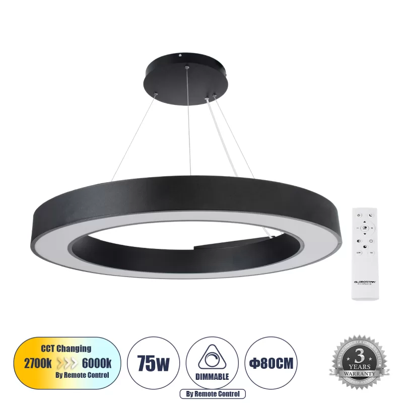 RA 61196 Κρεμαστό Φωτιστικό Δαχτυλίδι-Κύκλος LED CCT 75W 8250lm 120° AC 220-240V - Εναλλαγή Φωτισμού μέσω Τηλεχειριστηρίου All In One Ψυχρό 6000k+Φυσικό 4500k+Θερμό 2700k Dimmable Φ80cm - Μαύρο