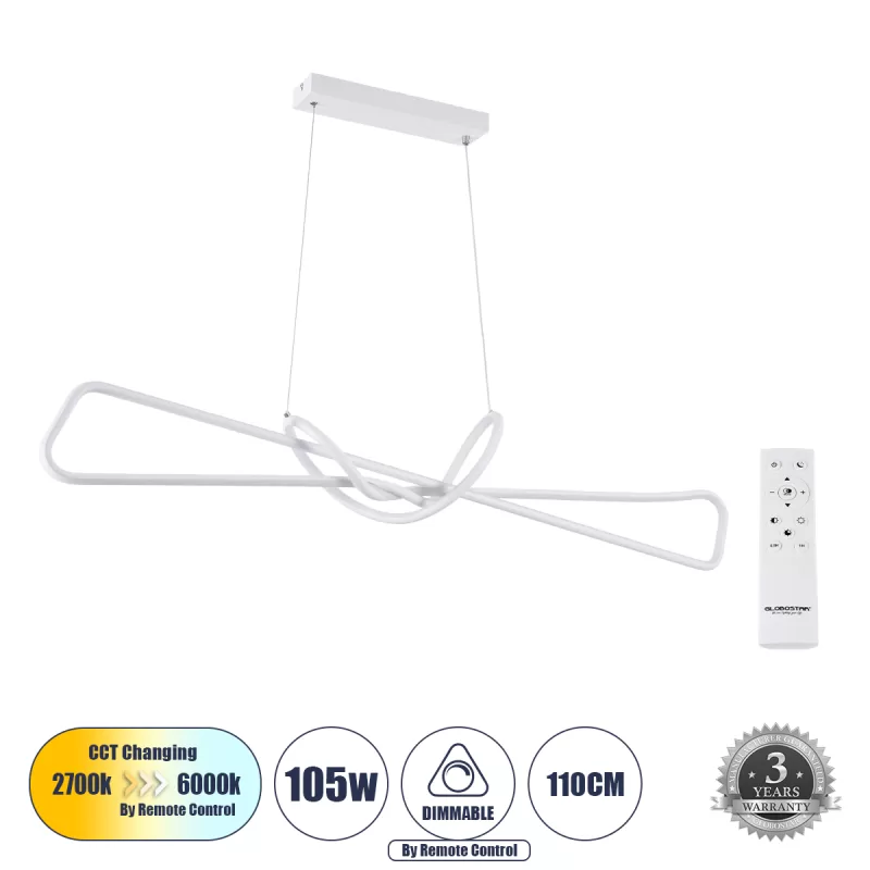 DOLORES 61280 Κρεμαστό Φωτιστικό Οροφής Design LED CCT 105W 11760lm 300° AC 220-240V - Εναλλαγή Φωτισμού μέσω Τηλεχειριστηρίου All In One Ψυχρό 6000k+Φυσικό 4500k+Θερμό 2700k Dimmable Μ110 x Π17 x Υ17.5cm - Λευκό