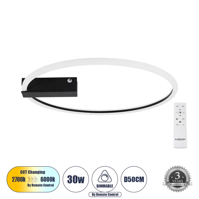 CINDERELLA 60980 Φωτιστικό Οροφής Δαχτυλίδι-Κύκλος LED CCT 30W 3360lm 360° AC 220-240V - Εναλλαγή Φωτισμού μέσω Τηλεχειριστηρίου All In One Ψυχρό 6000k+Φυσικό 4500k+Θερμό 2700k Dimmable Φ50cm - Μαύρο