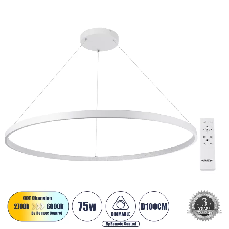 DIAMOND 61518 Κρεμαστό Φωτιστικό Δαχτυλίδι-Κύκλος LED CCT 75W 8400lm 360° AC 220-240V - Εναλλαγή Φωτισμού μέσω Τηλεχειριστηρίου All In One Ψυχρό 6000k+Φυσικό 4500k+Θερμό 2700k Dimmable Φ100cm - Λευκό