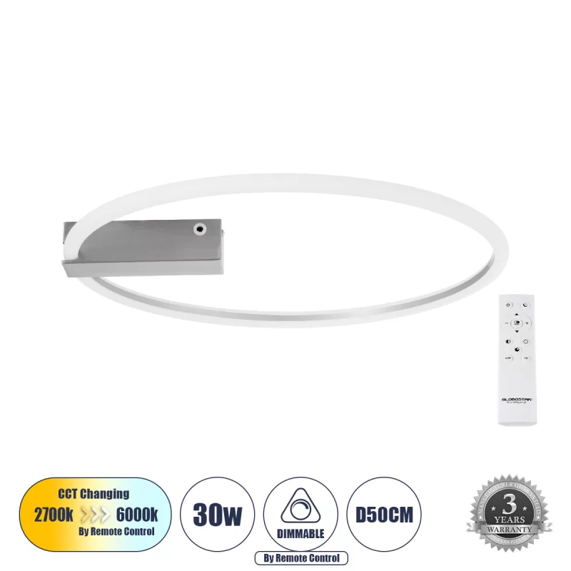 CINDERELLA 60983 Φωτιστικό Οροφής Δαχτυλίδι-Κύκλος LED CCT 30W 3360lm 360° AC 220-240V - Εναλλαγή Φωτισμού μέσω Τηλεχειριστηρίου All In One Ψυχρό 6000k+Φυσικό 4500k+Θερμό 2700k Dimmable Φ50cm - Χρώμιο Νικελ