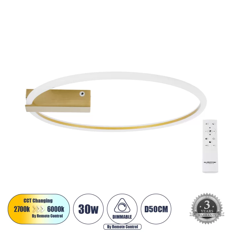 CINDERELLA 60982 Φωτιστικό Οροφής Δαχτυλίδι-Κύκλος LED CCT 30W 3360lm 360° AC 220-240V - Εναλλαγή Φωτισμού μέσω Τηλεχειριστηρίου All In One Ψυχρό 6000k+Φυσικό 4500k+Θερμό 2700k Dimmable Φ50cm - Χρυσό Βούρτσας