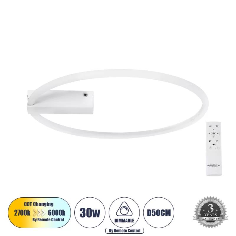 CINDERELLA 60981 Φωτιστικό Οροφής Δαχτυλίδι-Κύκλος LED CCT 30W 3360lm 360° AC 220-240V - Εναλλαγή Φωτισμού μέσω Τηλεχειριστηρίου All In One Ψυχρό 6000k+Φυσικό 4500k+Θερμό 2700k Dimmable Φ50cm - Λευκό