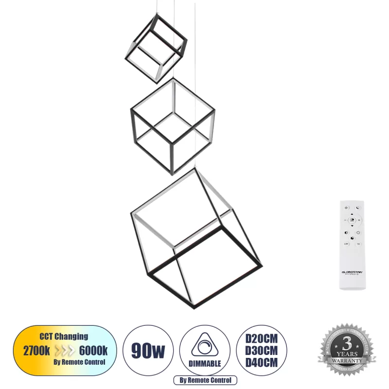 KIBOO-TRIO 60931 Κρεμαστό Φωτιστικό Οροφής Design LED CCT 90W 10350lm 360° AC 220-240V - Εναλλαγή Φωτισμού μέσω Τηλεχειριστηρίου All In One Ψυχρό 6000k+Φυσικό 4500k+Θερμό 2700k Dimmable Μ60 x Π60 x Υ80cm - Μαύρο