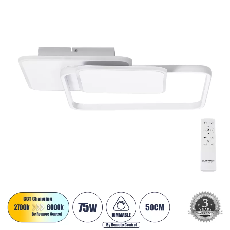 SQUARO 61232 Φωτιστικό Οροφής Δαχτυλίδι-Κύκλος LED CCT 75W 8400lm 360° AC 220-240V - Εναλλαγή Φωτισμού μέσω Τηλεχειριστηρίου All In One Ψυχρό 6000k+Φυσικό 4500k+Θερμό 2700k Dimmable Μ48.5 x Π51 x Υ9cm - Λευκό