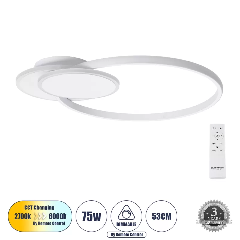 CIRCUO 61230 Φωτιστικό Οροφής Δαχτυλίδι-Κύκλος LED CCT 75W 8400lm 360° AC 220-240V - Εναλλαγή Φωτισμού μέσω Τηλεχειριστηρίου All In One Ψυχρό 6000k+Φυσικό 4500k+Θερμό 2700k Dimmable Μ53 x Π42.5 x Υ9cm - Λευκό