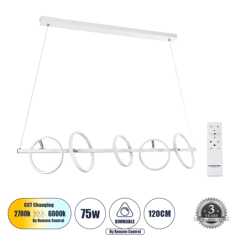 CIRCOLARE 61320 Κρεμαστό Φωτιστικό Οροφής Design LED CCT 75W 8400lm 360° AC 220-240V - Εναλλαγή Φωτισμού μέσω Τηλεχειριστηρίου All In One Ψυχρό 6000k+Φυσικό 4500k+Θερμό 2700k Dimmable Μ120 x Π25 x Υ25cm - Λευκό