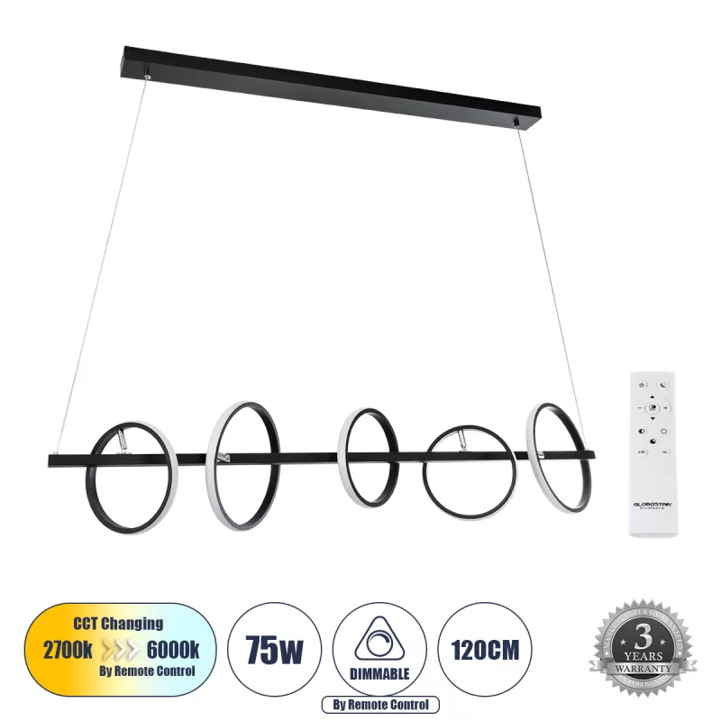 CIRCOLARE 61319 Κρεμαστό Φωτιστικό Οροφής Design LED CCT 75W 8400lm 360° AC 220-240V - Εναλλαγή Φωτισμού μέσω Τηλεχειριστηρίου All In One Ψυχρό 6000k+Φυσικό 4500k+Θερμό 2700k Dimmable Μ120 x Π25 x Υ25cm - Μαύρο