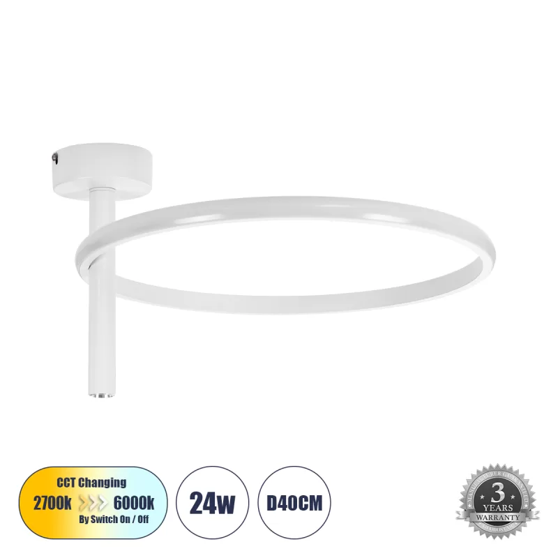 VERONA 61221 Φωτιστικό Οροφής Δαχτυλίδι-Κύκλος LED CCT 24W 2688lm 360° AC 220-240V - Εναλλαγή Φωτισμού μέσω Διακόπτη On/Off All In One Ψυχρό 6000k+Φυσικό 4500k+Θερμό 2700k Φ40 x Υ23cm - Λευκό