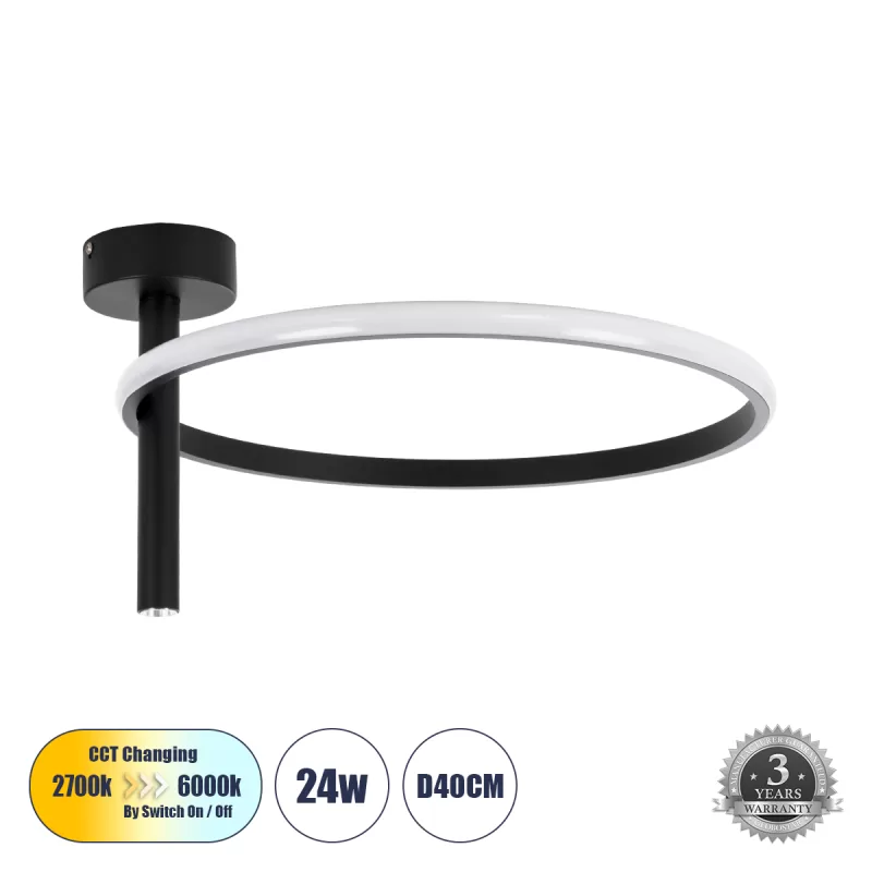 VERONA 61220 Φωτιστικό Οροφής Δαχτυλίδι-Κύκλος LED CCT 24W 2688lm 360° AC 220-240V - Εναλλαγή Φωτισμού μέσω Διακόπτη On/Off All In One Ψυχρό 6000k+Φυσικό 4500k+Θερμό 2700k Φ40 x Υ23cm - Μαύρο