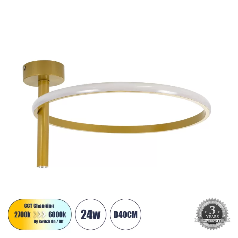 VERONA 61222 Φωτιστικό Οροφής Δαχτυλίδι-Κύκλος LED CCT 24W 2688lm 360° AC 220-240V - Εναλλαγή Φωτισμού μέσω Διακόπτη On/Off All In One Ψυχρό 6000k+Φυσικό 4500k+Θερμό 2700k Φ40 x Υ23cm - Χρυσό