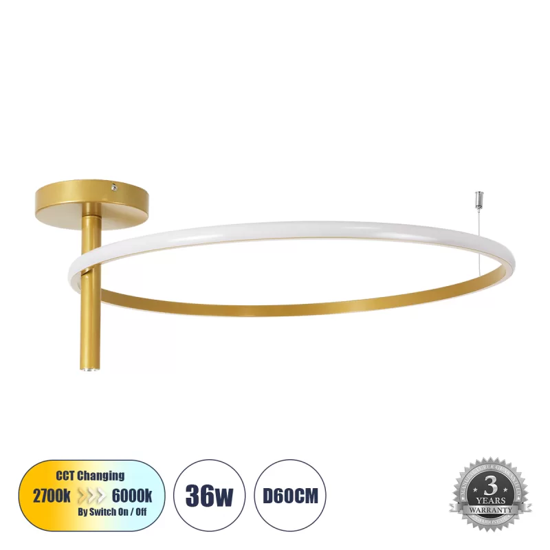 VERONA 61225 Φωτιστικό Οροφής Δαχτυλίδι-Κύκλος LED CCT 36W 4032lm 360° AC 220-240V - Εναλλαγή Φωτισμού μέσω Διακόπτη On/Off All In One Ψυχρό 6000k+Φυσικό 4500k+Θερμό 2700K Φ60 x Υ23cm - Χρυσό Βούρτσας