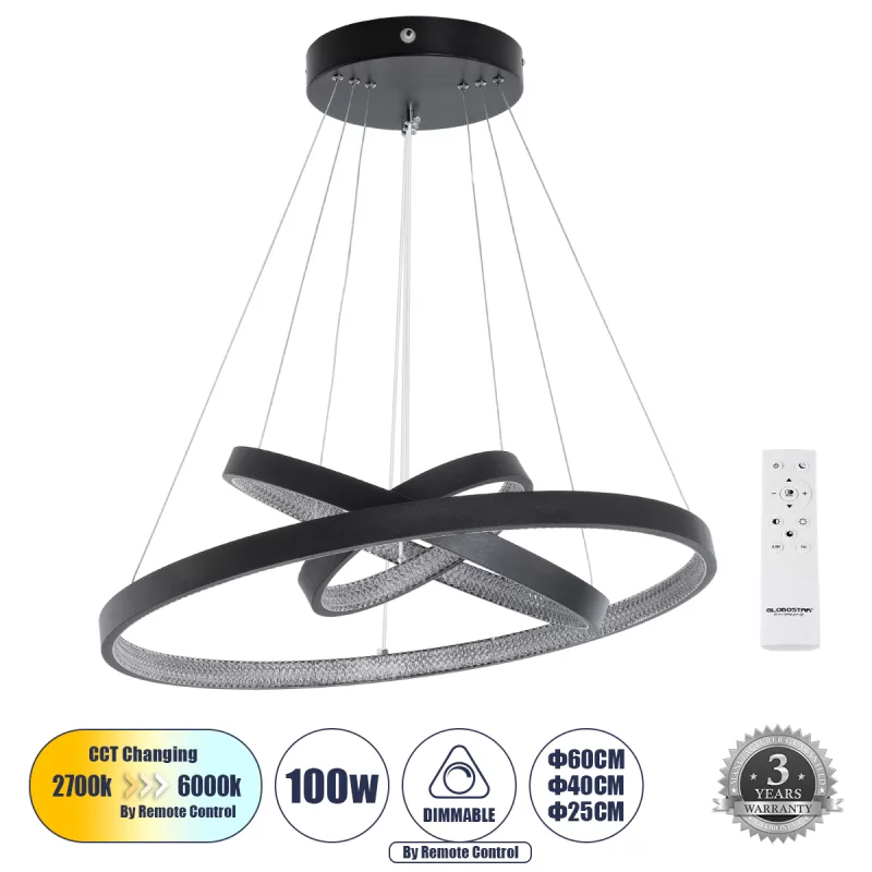 DIAMOND TRIO 61523-DECO Κρεμαστό Φωτιστικό Δαχτυλίδι-Κύκλος LED CCT 100W 11200lm 360° AC 220-240V - Εναλλαγή Φωτισμού μέσω Τηλεχειριστηρίου All In One Ψυχρό 6000k+Φυσικό 4500k+Θερμό 2700k Dimmable Φ25+40+60cm - Μαυρο