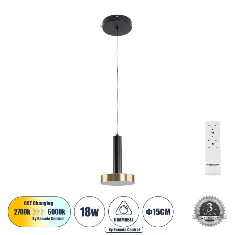 GLOBOSTAR® ZANE 60933 Κρεμαστό Φωτιστικό Design LED CCT 18W 2016lm 120° AC 220-240V IP20 - Εναλλαγή Φωτισμού μέσω Τηλεχειριστηρίου All In One Ψυχρό 6000k+Φυσικό 4500k+Θερμό 2700k Dimmable - Φ15 x Υ20cm - Μαύρο & Χρυσό