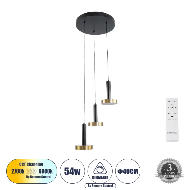 GLOBOSTAR® ZANE 60934 Κρεμαστό Φωτιστικό Design LED CCT 54W 6048lm 120° AC 220-240V IP20 - Εναλλαγή Φωτισμού μέσω Τηλεχειριστηρίου All In One Ψυχρό 6000k+Φυσικό 4500k+Θερμό 2700k Dimmable - Φ40 x Υ20cm - Μαύρο & Χρυσό