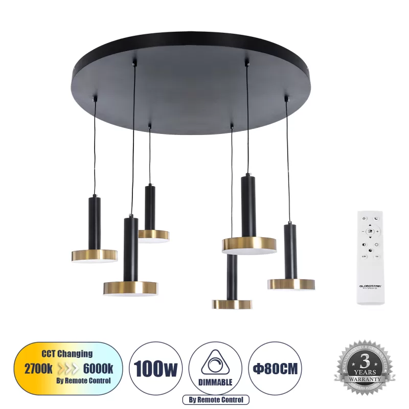 GLOBOSTAR® ZANE 60935 Κρεμαστό Φωτιστικό Design LED CCT 100W 11200lm 120° AC 220-240V IP20 - Εναλλαγή Φωτισμού μέσω Τηλεχειριστηρίου All In One Ψυχρό 6000k+Φυσικό 4500k+Θερμό 2700k Dimmable - Φ80 x Υ20cm - Μαύρο & Χρυσό