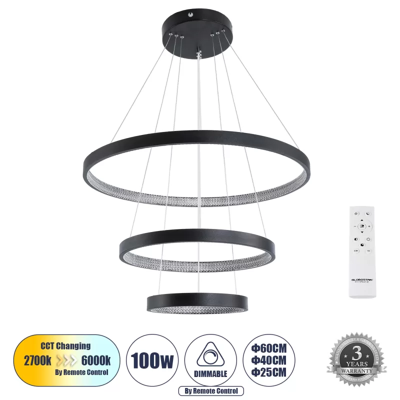 DIAMOND TRIO 61523 Κρεμαστό Φωτιστικό Δαχτυλίδι-Κύκλος LED CCT 100W 11200lm 360° AC 220-240V - Εναλλαγή Φωτισμού μέσω Τηλεχειριστηρίου All In One Ψυχρό 6000k+Φυσικό 4500k+Θερμό 2700k Dimmable Φ25+40+60cm - Μαυρο