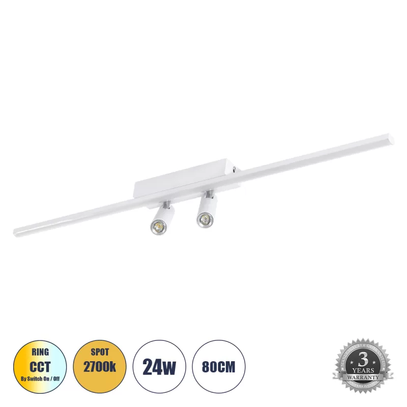 GLOBOSTAR® BARETTI 61227 Φωτιστικό Οροφής Linear Design LED CCT με Κινούμενα Σποτ LED Downlight 24W 2688lm 160° & 45° AC 220-240V IP20 - Εναλλαγή Φωτισμού μέσω Διακόπτη On/Off All In One Ψυχρό 6000k+Φυσικό 4500k+Θερμό 2700k - Μ80 x Π5.5 x Υ5 cm - Λευκό