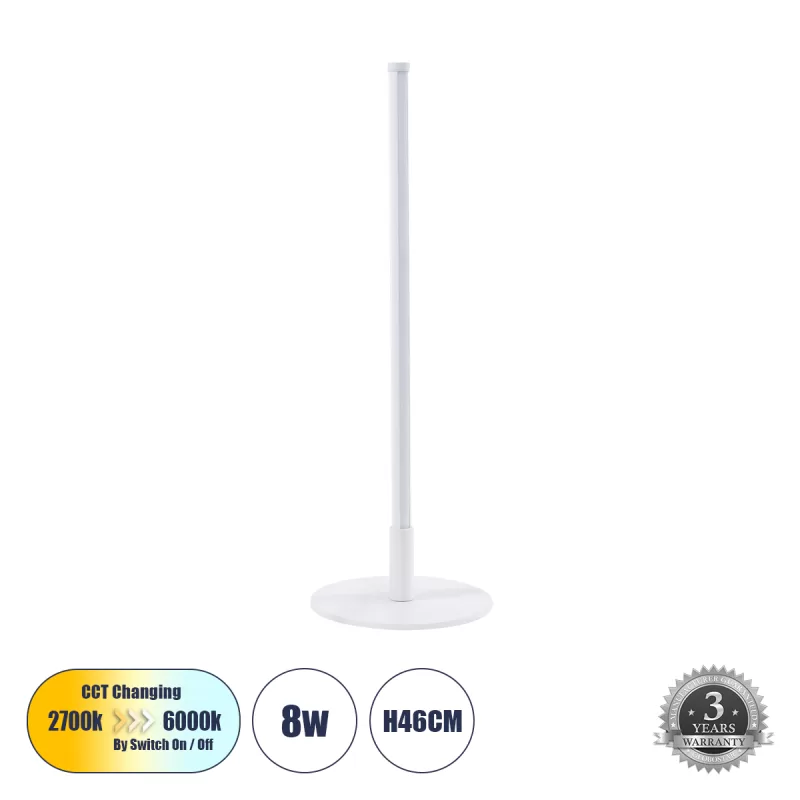 DALUMA 60468 Επιτραπέζιο Φωτιστικό LED CCT 8W 880lm 200° AC 220-240V - Εναλλαγή Φωτισμού μέσω On/Off All In One Ψυχρό 6000k+Φυσικό 4500k+Θερμό 2700k Μ15 x Π15 x Υ46cm - Λευκό