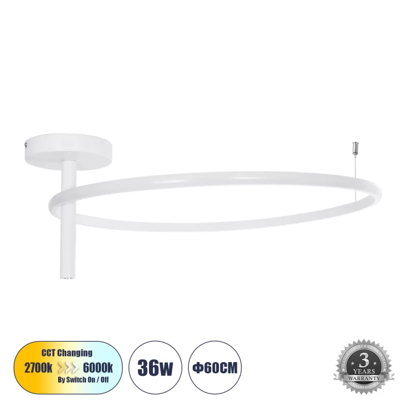 VERONA 61224 Φωτιστικό Οροφής Δαχτυλίδι-Κύκλος LED CCT 36W 4032lm 360° AC 220-240V - Εναλλαγή Φωτισμού μέσω Διακόπτη On/Off All In One Ψυχρό 6000k+Φυσικό 4500k+Θερμό 2700K Φ60 x Υ23cm - Λευκό