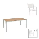 Τραπεζαρία Zacreta-Nares σετ 7τεμ λευκό αλουμίνιο και plywood σε φυσικό χρώμα 180x90x72.5εκ
