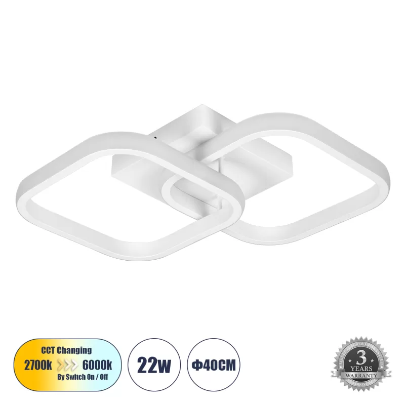 NORA 61062 Φωτιστικό Οροφής Design LED CCT 22W 2640lm 300° AC 220-240V - Εναλλαγή Φωτισμού μέσω Διακόπτη On/Off All In One Ψυχρό 6000k+Φυσικό 4500k+Θερμό 2700k Μ40 x Π24 x Υ7cm - Λευκό