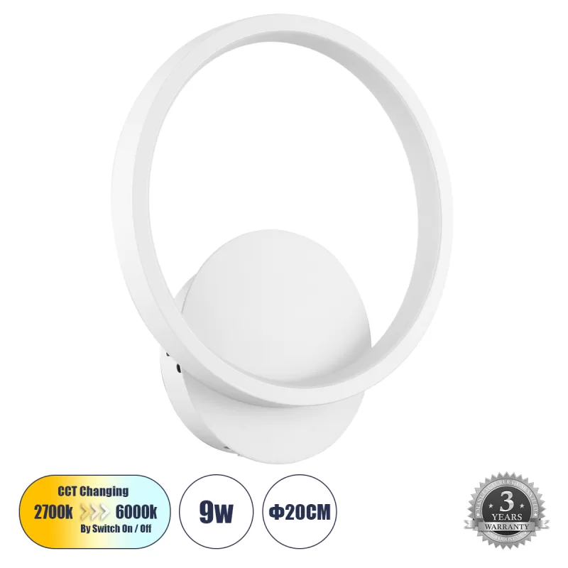 TED 61071 Φωτιστικό Τοίχου - Απλίκα Design LED CCT 9W 1080lm 300° AC 220-240V - Εναλλαγή Φωτισμού μέσω Διακόπτη On/Off All In One Ψυχρό 6000k+Φυσικό 4500k+Θερμό 2700k Μ20 x Π5.5 x Υ23cm - Λευκό