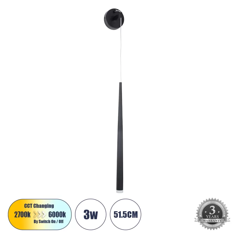 TEARS 61315 Φωτιστικό Τοίχου - Απλίκα Design LED CCT 3W 330lm 180° AC 220-240V - Εναλλαγή Φωτισμού μέσω Διακόπτη On/Off All In One Ψυχρό 6000k+Φυσικό 4500k+Θερμό 2700k Φ3.2 x Υ51.5cm - Μαύρο