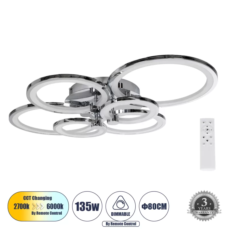 ROYAL-R 61324 Φωτιστικό Οροφής Design LED CCT 135W 16200lm 360° AC 220-240V - Εναλλαγή Φωτισμού μέσω Τηλεχειριστηρίου All In One Ψυχρό 6000k+Φυσικό 4500k+Θερμό 2700k Dimmable Μ80.5 x Π59 x Υ12cm - Νίκελ Χρώμιο