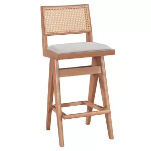 Σκαμπό bar Winslow ξύλο rubberwood ανοικτό καρυδί-pvc rattan φυσικό-ύφασμα γκρι 44.5x46x98εκ -Τιμή Σετ 2 τεμ.