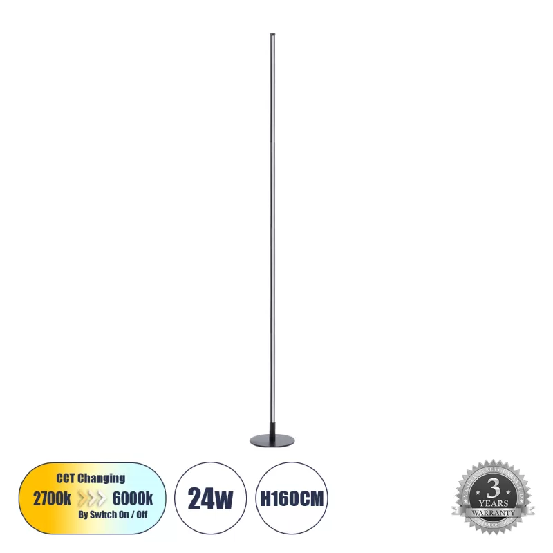 DALUMA 60470 Επιδαπέδιο Φωτιστικό LED CCT 24W 2640lm 200° AC 220-240V - Εναλλαγή Φωτισμού μέσω On/Off All In One Ψυχρό 6000k+Φυσικό 4500k+Θερμό 2700k Μ18 x Π18 x Υ160cm - Μαύρο