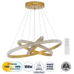 DIAMOND TRIO -DECO Μοντέρνο Κρεμαστό Φωτιστικό Οροφής LED 100W 12123lm 360° AC 220-240V IP20 Ρυθμιζόμενο Λευκό CCT με Χειριστήριο από 2700K έως 6000K Dimmable - Lumileds SMD Chip - Χρυσό Βούρτσας - Μ25 x Π40 x Υ60cm