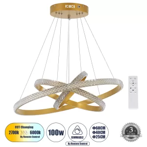 DIAMOND TRIO -DECO Μοντέρνο Κρεμαστό Φωτιστικό Οροφής LED 100W 12123lm 360° AC 220-240V IP20 Ρυθμιζόμενο Λευκό CCT με Χειριστήριο από 2700K έως 6000K Dimmable - Lumileds SMD Chip - Χρυσό Βούρτσας - Μ25 x Π40 x Υ60cm
