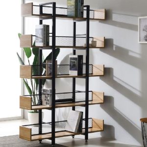 Βιβλιοθήκη Musha μέταλλο μαύρο με oak απόχρωση 120x22x185εκ