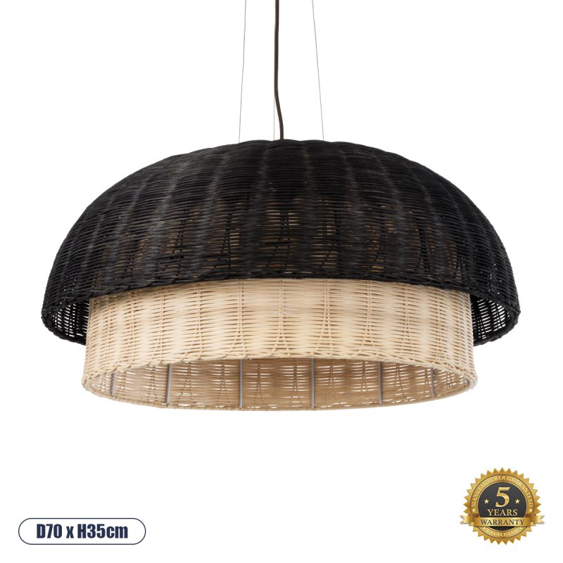 CORSICA Boho Κρεμαστό Φωτιστικό Καμπάνα Μονόφωτο 1 x E27 IP20 Μαύρο & Μπεζ Ξύλο - Μ70 x Π70 x Υ35cm