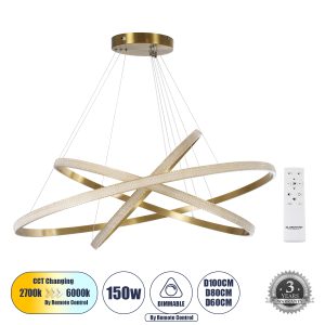 DIAMOND TRIO -DECO Μοντέρνο Κρεμαστό Φωτιστικό Οροφής LED 150W 18379lm 360° AC 220-240V IP20 Ρυθμιζόμενο Λευκό CCT με Χειριστήριο από 2700K έως 6000K Dimmable - Lumileds SMD Chip - Χρυσό Βούρτσας - Μ60 x Π80 x Υ100cm