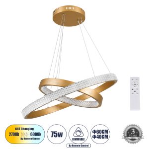 DIAMOND DUO -DECO Κρεμαστό Φωτιστικό Δαχτυλίδι-Κύκλος LED CCT 75W 8743lm 360° AC 220-240V - Εναλλαγή Φωτισμού μέσω Τηλεχειριστηρίου All In One Ψυχρό 6000k+Φυσικό 4500k+Θερμό 2700k Dimmable Φ40+60cm - Χρυσό Βούρτσας