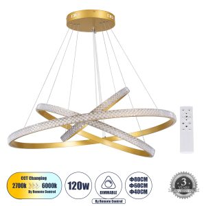 DIAMOND TRIO -DECO Μοντέρνο Κρεμαστό Φωτιστικό Οροφής LED 120W 14723lm 360° AC 220-240V IP20 Ρυθμιζόμενο Λευκό CCT με Χειριστήριο από 2700K έως 6000K Dimmable - Lumileds SMD Chip - Χρυσό Βούρτσας - Μ40 x Π60 x Υ80cm