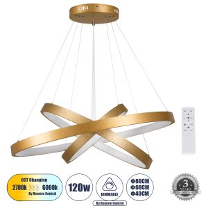 NEMESIS TRIO -DECO Μοντέρνο Κρεμαστό Φωτιστικό Οροφής LED 120W 14723lm 360° AC 220-240V IP20 Ρυθμιζόμενο Λευκό CCT με Χειριστήριο από 2700K έως 6000K Dimmable - Lumileds SMD Chip - Χρυσό Βούρτσας - Μ40 x Π60 x Υ80cm
